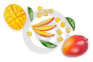 Mango fruit and half with slices isolated on white background. Top view. Flat lay