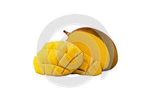 mango fruit with mango sliced cubes isolated