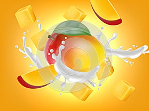 Mango fruit with milk splash Vector realistic. Detailed elements design. 3d illustrations