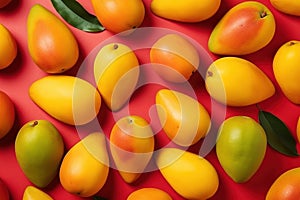 Mango fruit pattern on red background. Flat lay. Generative AI