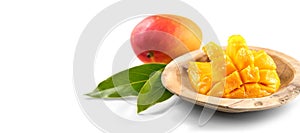 Mango fruit. Ripe Mango fruits isolated on white background. Close-up of fresh juicy tropical mango with leaf