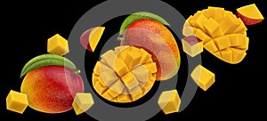 Mango fruits slices on black background