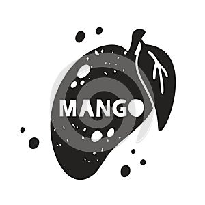 Mango grunge sticker. Black texture silhouette with lettering inside. Imitation of stamp, print with scuffs