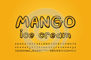 Mango ice cream color alphabet handwritten font. Stylized retro style for food design. Uppercase and lowercase letters