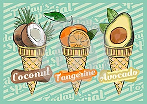 Mango ice cream scoop in cone. Vector sketch illustration. Fruit ice cream idea, concept