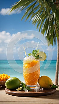 Mango iced cocktail with lime and mint. Summer refreshing mango beverage, drink, juice or smoothie with ice, generative AI