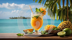 Mango iced cocktail with mint. Summer refreshing mango beverage, drink, juice or smoothie with ice. Banner. Generative AI