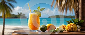 Mango iced cocktail with mint. Summer refreshing mango beverage, drink, juice or smoothie with ice. Banner. Generative AI