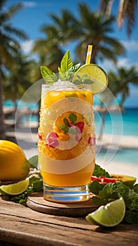 Mango iced cocktail with mint. Summer refreshing mango beverage, drink, juice or smoothie with ice, generative AI