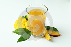 Mango juice and fruit on white background