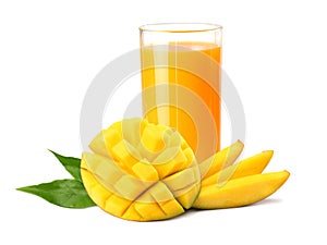 mango juice with mango slice isolated on white background. glass of mango juice.