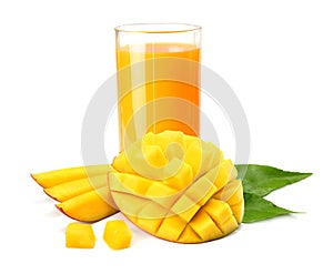 Mango juice with mango slice isolated on white background. glass of mango juice.