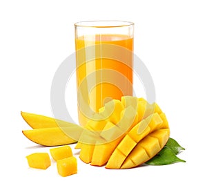 mango juice with mango slice isolated on white background. glass of mango juice.