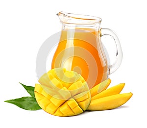 Mango juice with mango slice isolated on white background. jug of mango juice.