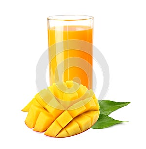 mango juice with orange and green leaf isolated on white background. juice in jug