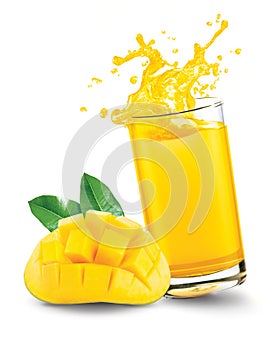 Mango juice splash out of glass with mango fruit on white background