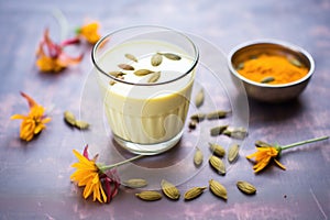 mango lassi with cardamom pods on top