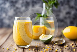 Mango lassi in a glass with a background of fresh mango chunks and a sprinkle of ground cardamom. AI generated.