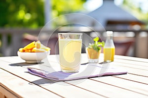 mango lassi on a sunny outdoor table