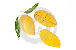 Mango with leaf pattern, flat lay isolated white background