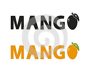 Mango lettering. Hand drawn text with exotic fruit. Simple black shape and color vector illustration