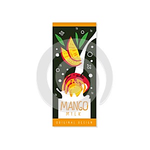 Mango milk logo original design, label for natural healthy dairy product with fresh fruit vector Illustration