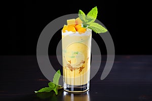 mango milkshake with mango chunks and mint leaf garnish