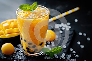 Mango milkshake with sweet tapioca balls, Asian bubble tea drink