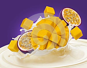 Mango and passion fruit mix falling into milk splash