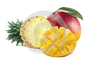 Mango pineapple tropical fruit mix isolated on white background