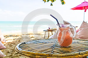 mango, pineapple, watermelon and yoghurt smoothies jar