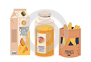 Mango Products, Package Of Mango Juice, Glass Jar with Label, And Bag Of Sliced Dry Mango Chips. Healthy Tropical Fruit