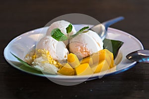Mango pudding.  mango ice cream with sticky rice