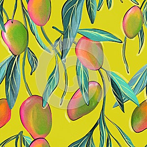 Mango seamless fabric pattern pink green plant on yellow background , vivid summer design, leaves and seed . Mango tree jungle