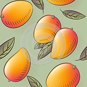 Mango seamless pattern. Mango fruits with leaves. Engraved style vintage botanical background.