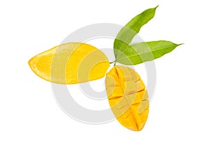 Mango season with half cut and slice with leaves isolated white background
