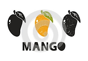 Mango, silhouette icons set with lettering. Imitation of stamp, print with scuffs. Simple black shape and color vector