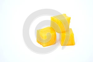 mango slice cut to cubes isolated on white