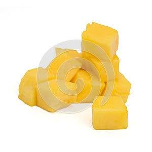 Mango slice cut to cubes isolated on white