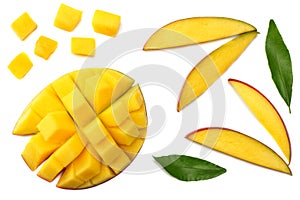 mango slice with green leaves isolated on white background. top view