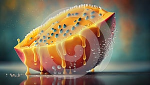 Mango slice with water drops. Isolated on background.