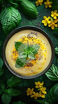 Mango smoothie bowl with mint and chia seeds AI Generated