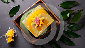 Mango soap with fresh flowers on dark background top view. spa hygiene, cleanliness, body care concept, selective focus