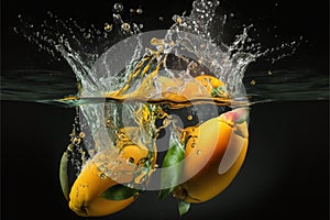 Mango splashed or thrown in water. Water splash fresh fruit creative concept idea. Ai generated