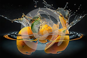 Mango splashed or thrown in water. Water splash fresh fruit creative concept idea. Ai generated