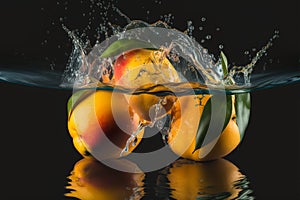 Mango splashed or thrown in water. Water splash fresh fruit creative concept idea. Ai generated