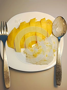 Mango stick rice served in white plate