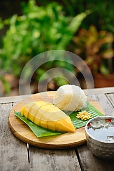 Mango sticky rice on wooden plate