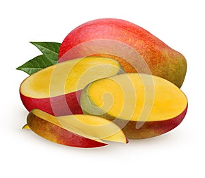 Mango whole and half isolated on white background.