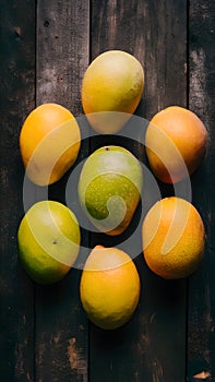 Mangos arranged beautifully on the kitchen table, captured artistically